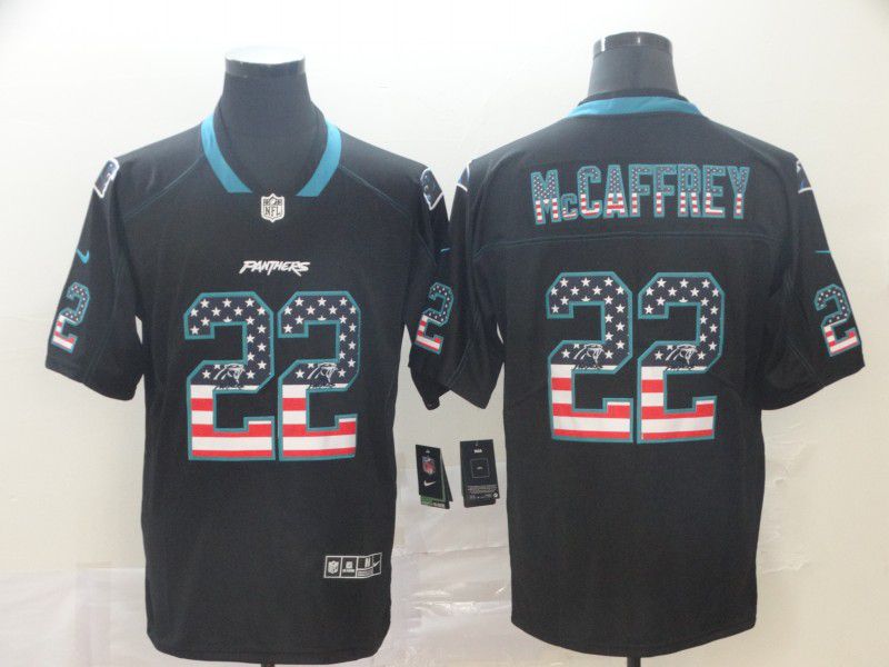 Men Carolina Panthers #22 Mccaffrey Nike USA Flag Fashion Black Color Rush Limited Jersey